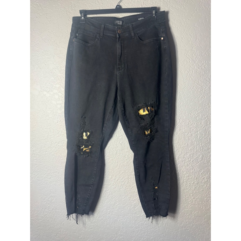 Judy Blue Womens Black Skinny Fit Jeans Distressed Cheetah Print Pockets 16W